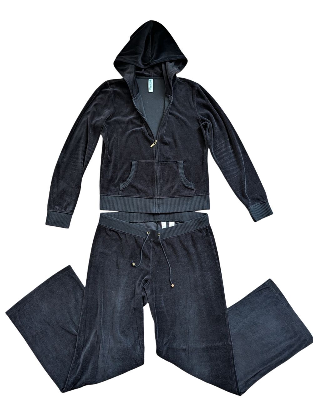 VS Plush & Lush Y2k Women Black Vintage Velour Hoodie Wide Leg Joggers Set Large